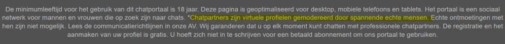 In de footer staat de bekentenis dat er valse profielen zijn.